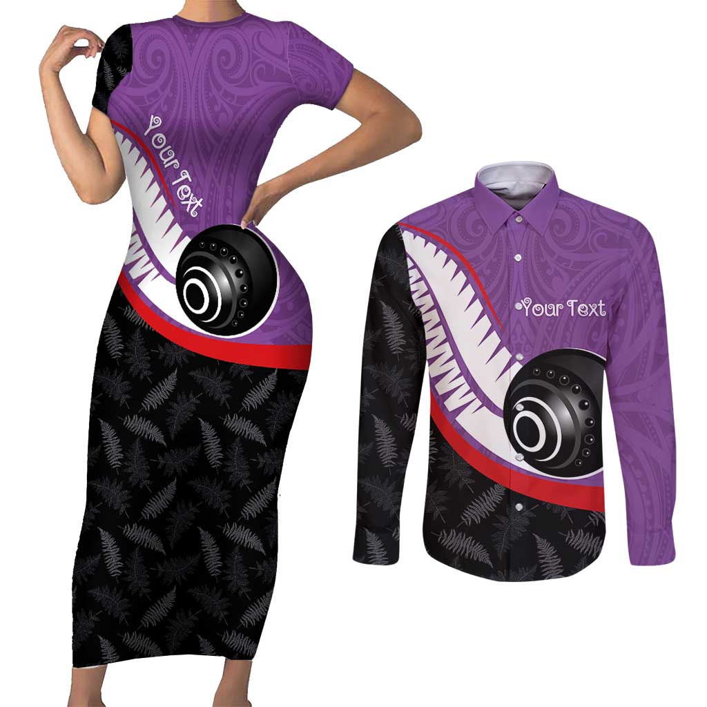Personalised Aotearoa Lawn Bowls Couples Matching Short Sleeve Bodycon Dress and Long Sleeve Button Shirt Maori and Silver Fern Sporty Style Purple Color - Polynesian Pride