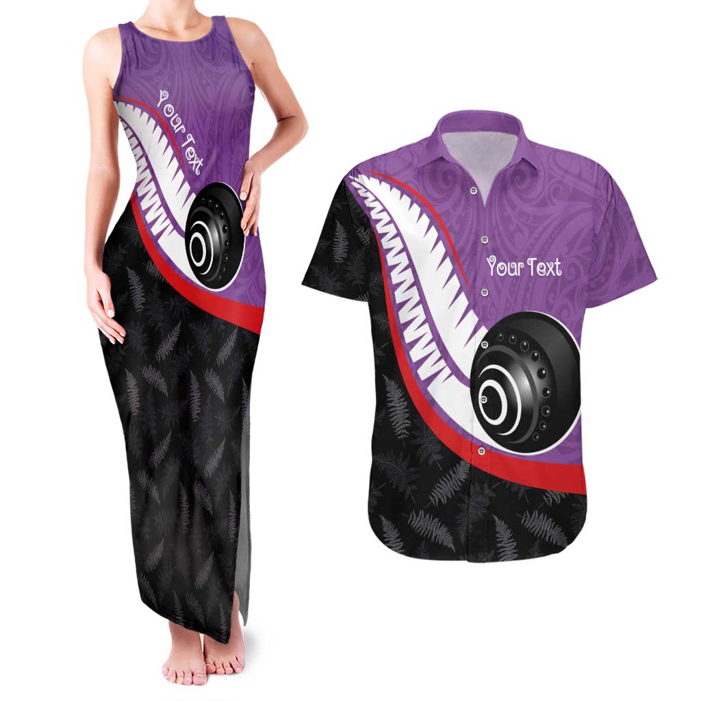 Personalised Aotearoa Lawn Bowls Couples Matching Tank Maxi Dress and Hawaiian Shirt Maori and Silver Fern Sporty Style Purple Color - Polynesian Pride