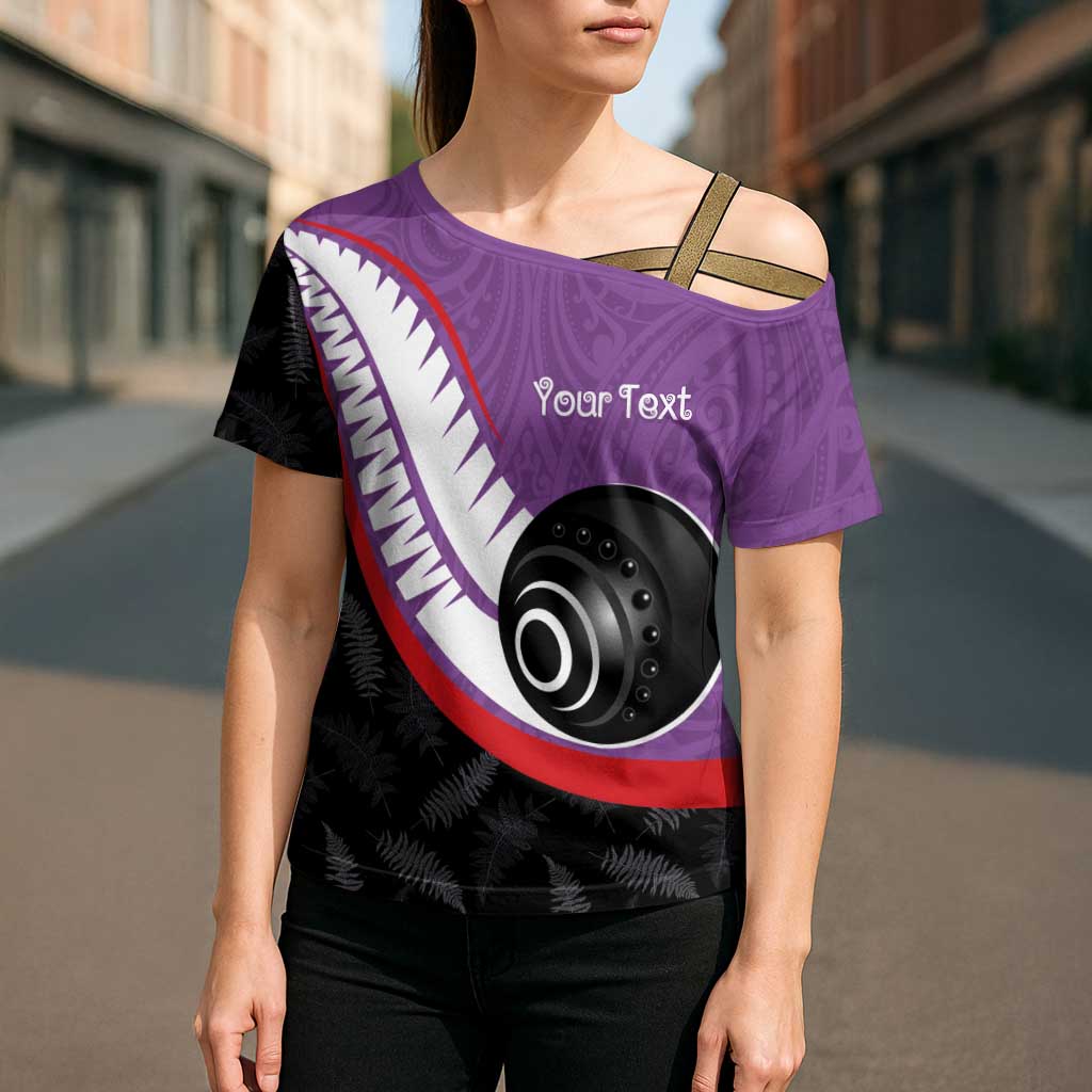 Personalised Aotearoa Lawn Bowls Cross Shoulder Shirt Maori and Silver Fern Sporty Style Purple Color - Polynesian Pride
