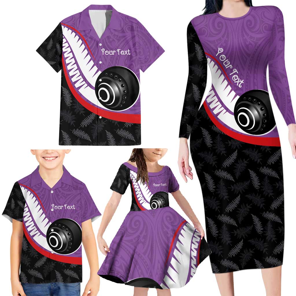 Personalised Aotearoa Lawn Bowls Family Matching Long Sleeve Bodycon Dress and Hawaiian Shirt Maori and Silver Fern Sporty Style Purple Color - Polynesian Pride