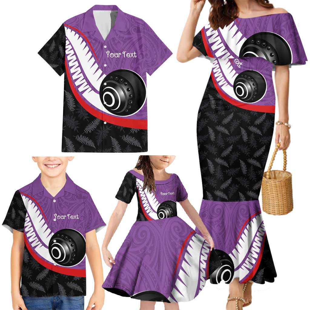 Personalised Aotearoa Lawn Bowls Family Matching Mermaid Dress and Hawaiian Shirt Maori and Silver Fern Sporty Style Purple Color - Polynesian Pride