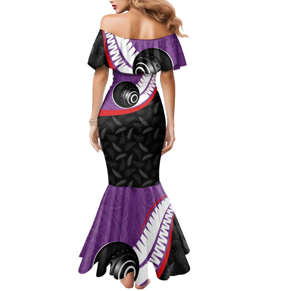 Personalised Aotearoa Lawn Bowls Family Matching Mermaid Dress and Hawaiian Shirt Maori and Silver Fern Sporty Style Purple Color - Polynesian Pride
