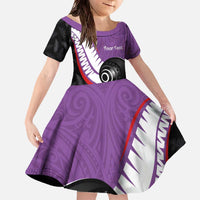 Personalised Aotearoa Lawn Bowls Family Matching Off The Shoulder Long Sleeve Dress and Hawaiian Shirt Maori and Silver Fern Sporty Style Purple Color - Polynesian Pride