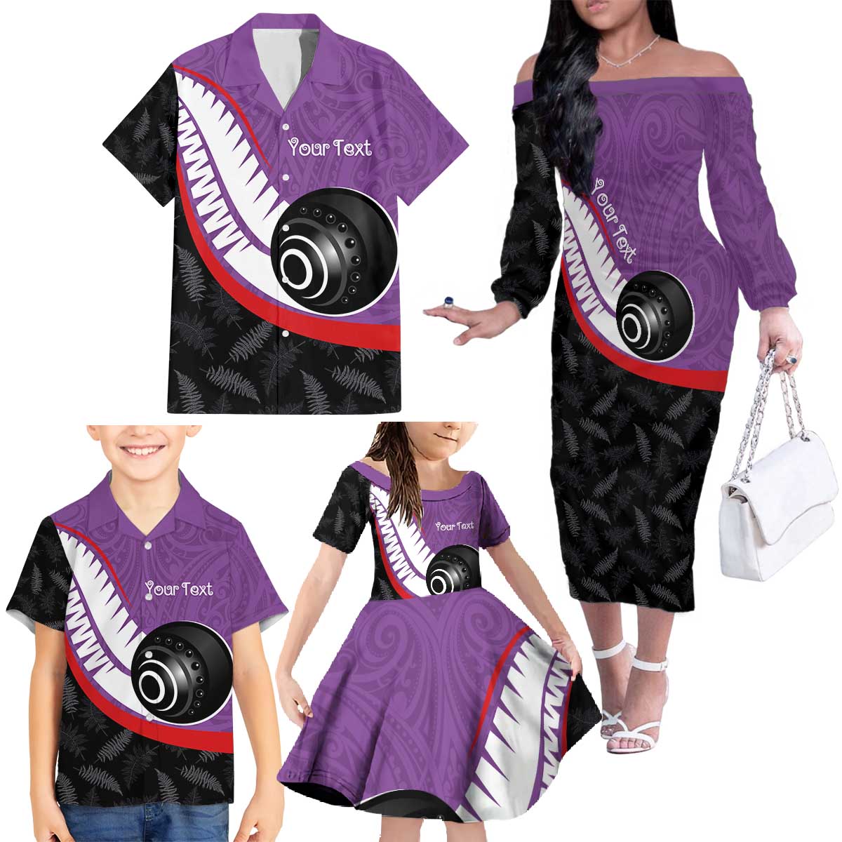 Personalised Aotearoa Lawn Bowls Family Matching Off The Shoulder Long Sleeve Dress and Hawaiian Shirt Maori and Silver Fern Sporty Style Purple Color - Polynesian Pride