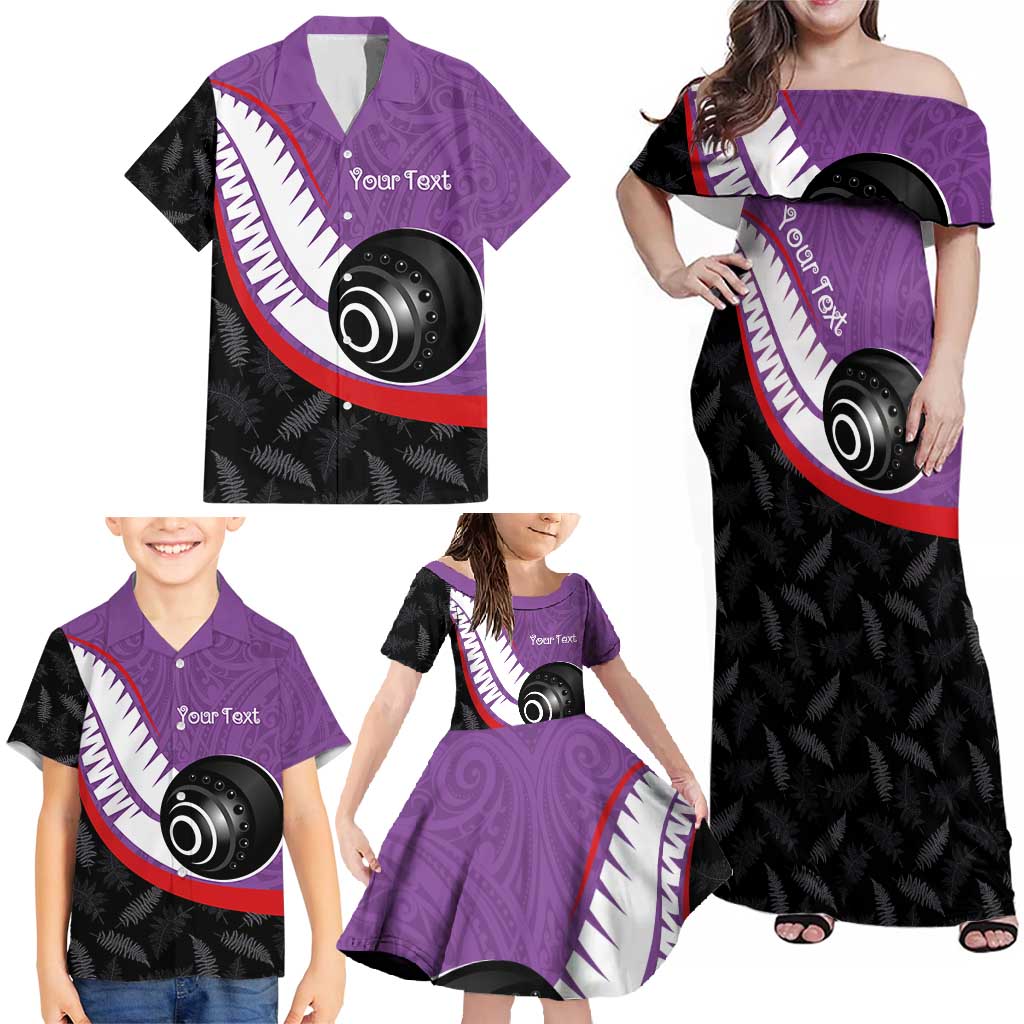 Personalised Aotearoa Lawn Bowls Family Matching Off Shoulder Maxi Dress and Hawaiian Shirt Maori and Silver Fern Sporty Style Purple Color - Polynesian Pride