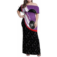 Personalised Aotearoa Lawn Bowls Family Matching Off Shoulder Maxi Dress and Hawaiian Shirt Maori and Silver Fern Sporty Style Purple Color - Polynesian Pride