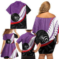 Personalised Aotearoa Lawn Bowls Family Matching Off Shoulder Short Dress and Hawaiian Shirt Maori and Silver Fern Sporty Style Purple Color - Polynesian Pride