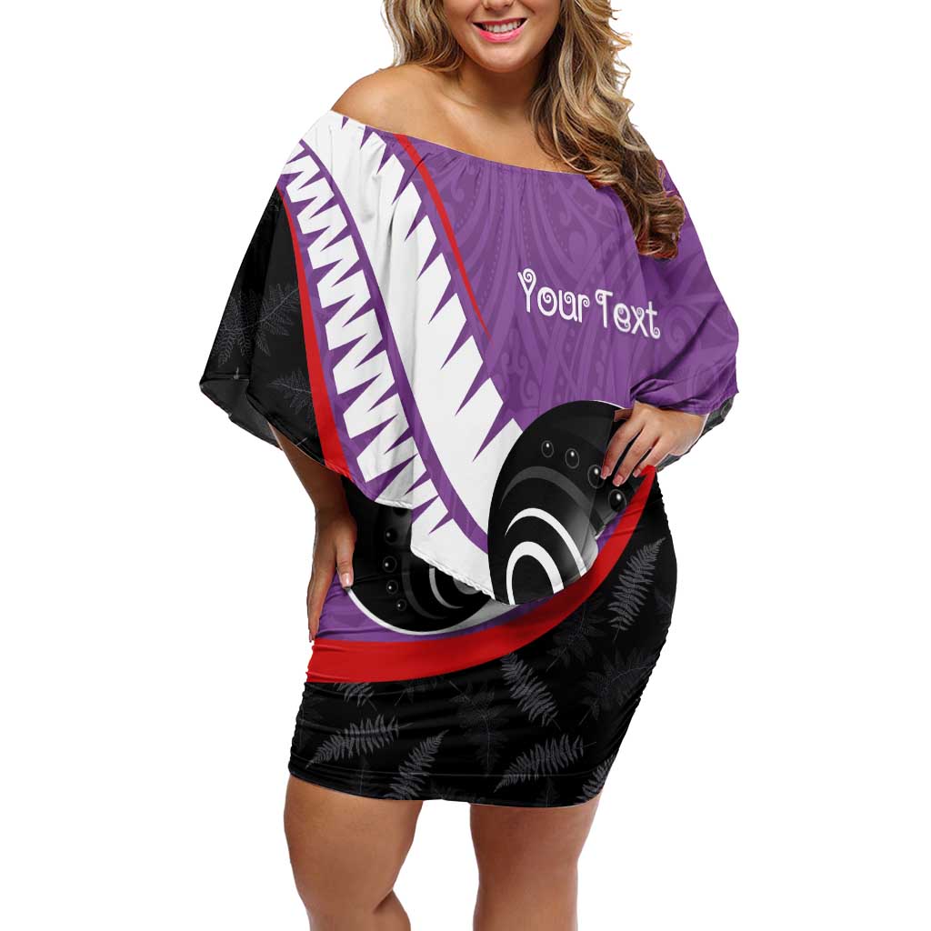 Personalised Aotearoa Lawn Bowls Family Matching Off Shoulder Short Dress and Hawaiian Shirt Maori and Silver Fern Sporty Style Purple Color - Polynesian Pride