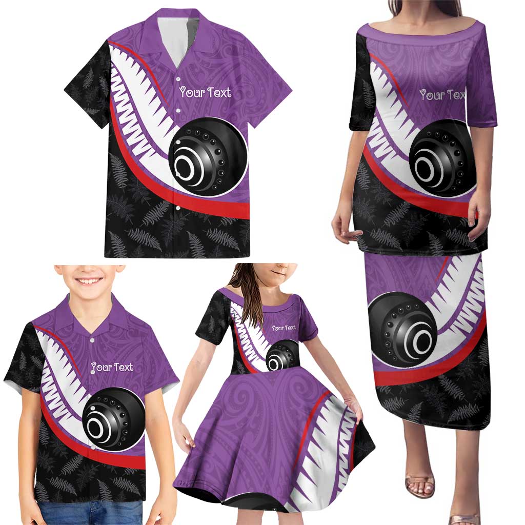 Personalised Aotearoa Lawn Bowls Family Matching Puletasi and Hawaiian Shirt Maori and Silver Fern Sporty Style Purple Color - Polynesian Pride