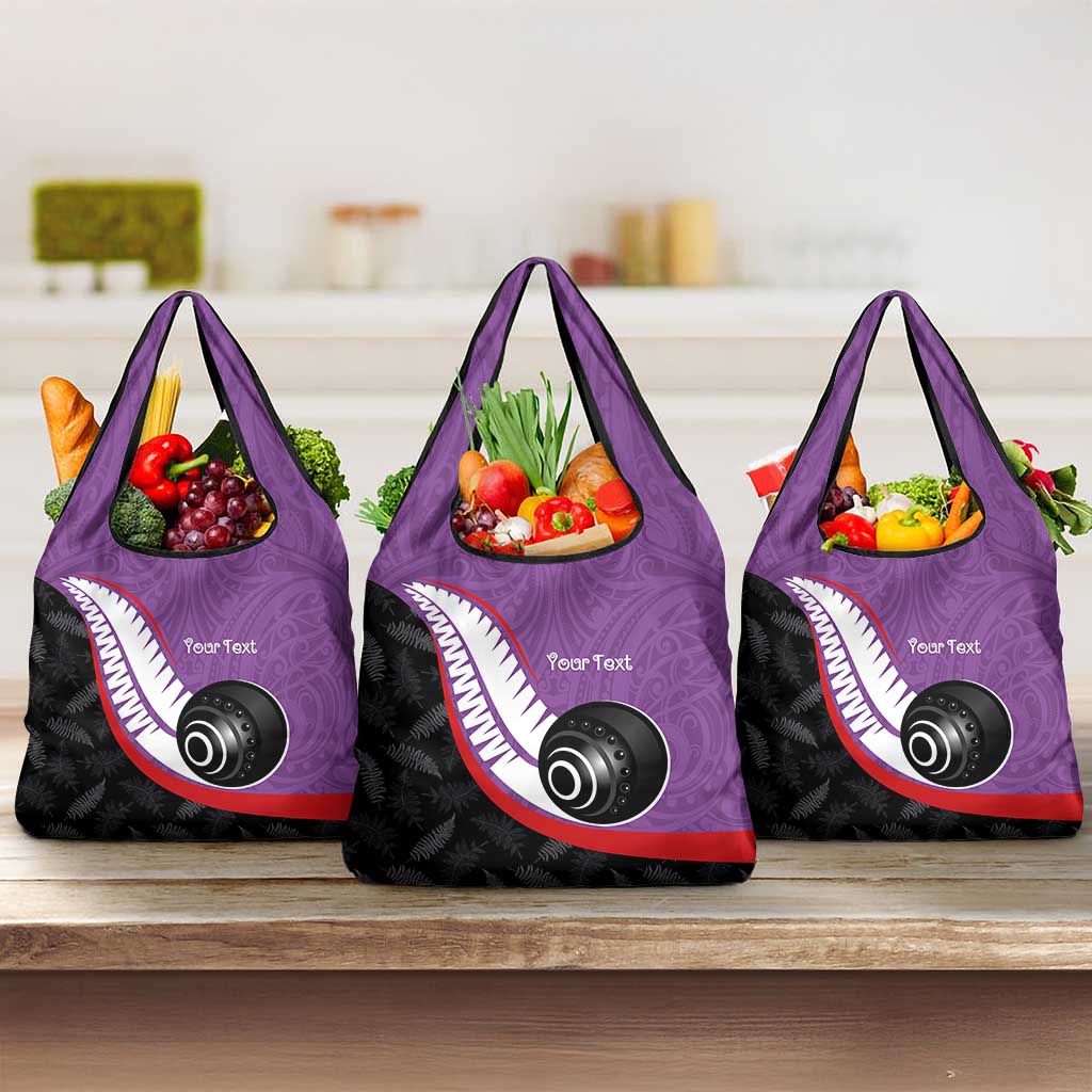 Personalised Aotearoa Lawn Bowls Grocery Bag Maori and Silver Fern Sporty Style Purple Color - Polynesian Pride
