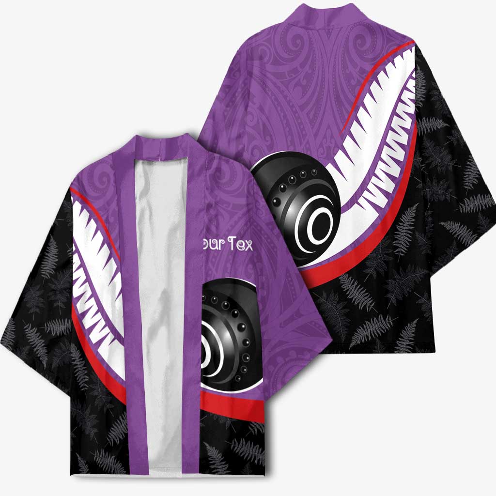 Personalised Aotearoa Lawn Bowls Kimono Maori and Silver Fern Sporty Style Purple Color - Polynesian Pride