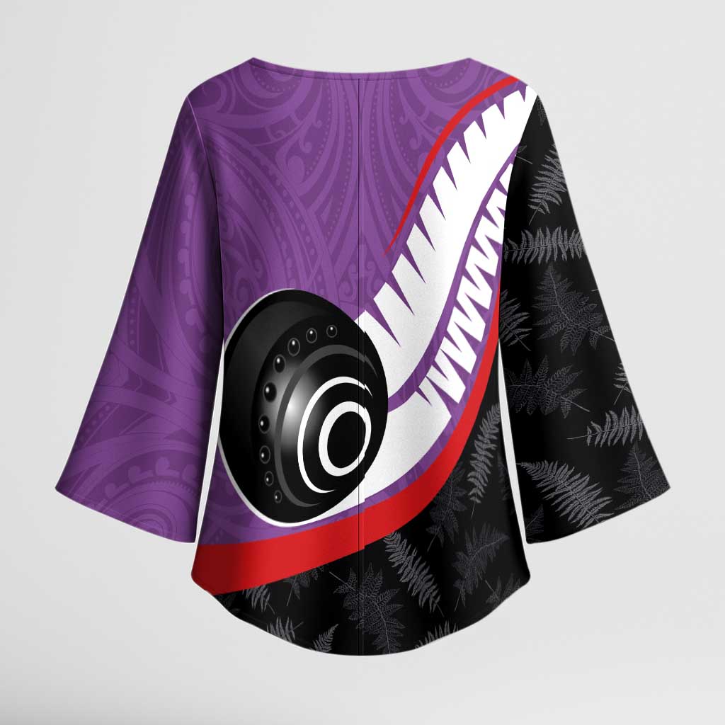 Personalised Aotearoa Lawn Bowls Kimono Sleeve Blouse Maori and Silver Fern Sporty Style Purple Color - Polynesian Pride