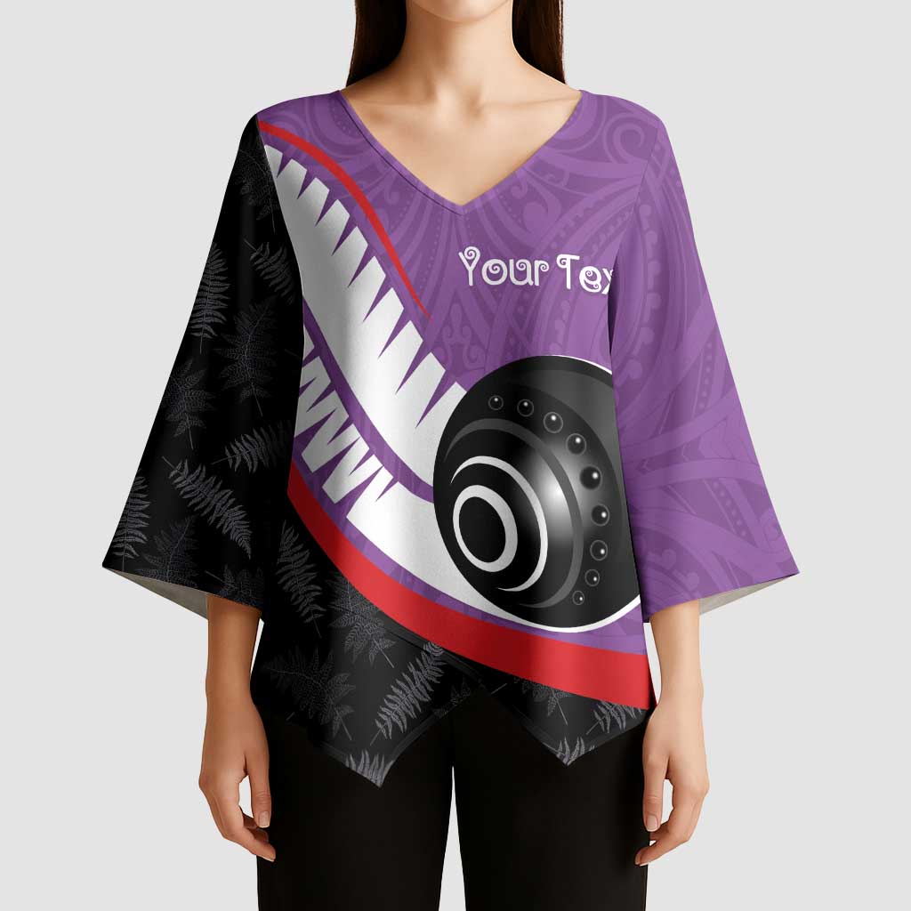 Personalised Aotearoa Lawn Bowls Kimono Sleeve Blouse Maori and Silver Fern Sporty Style Purple Color - Polynesian Pride