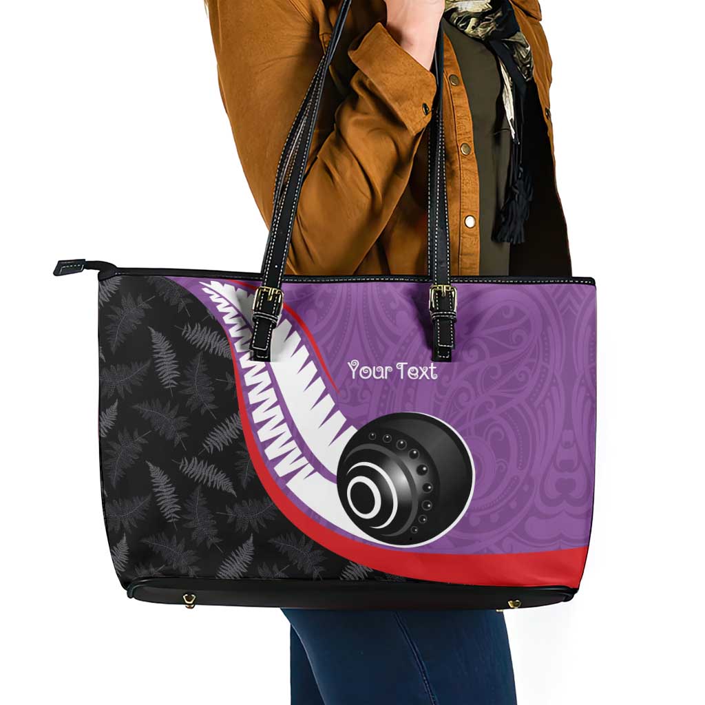 Personalised Aotearoa Lawn Bowls Leather Tote Bag Maori and Silver Fern Sporty Style Purple Color - Polynesian Pride