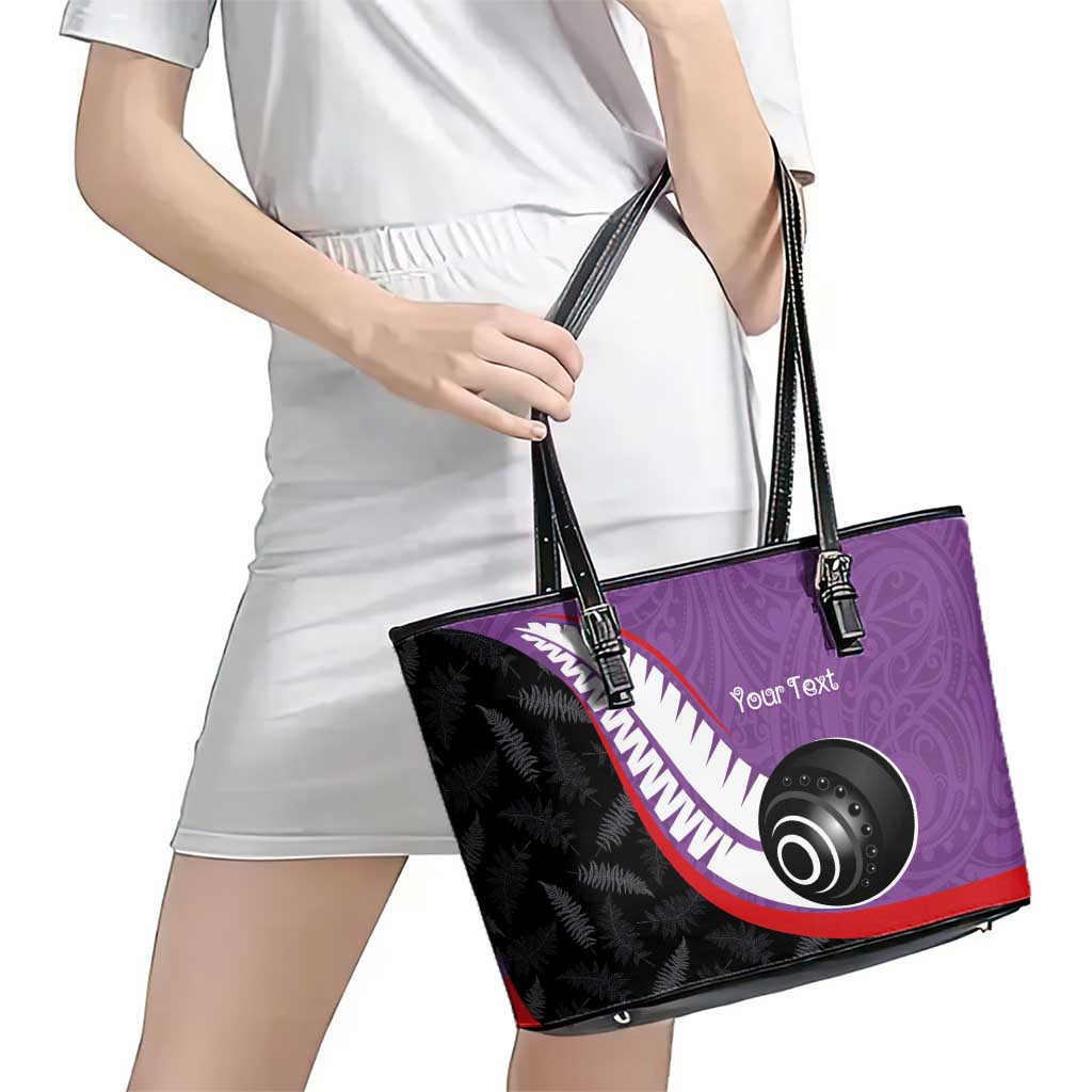 Personalised Aotearoa Lawn Bowls Leather Tote Bag Maori and Silver Fern Sporty Style Purple Color - Polynesian Pride
