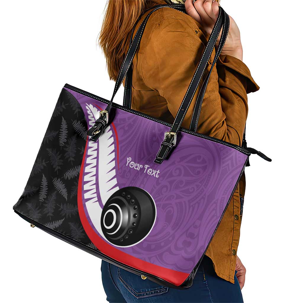 Personalised Aotearoa Lawn Bowls Leather Tote Bag Maori and Silver Fern Sporty Style Purple Color - Polynesian Pride