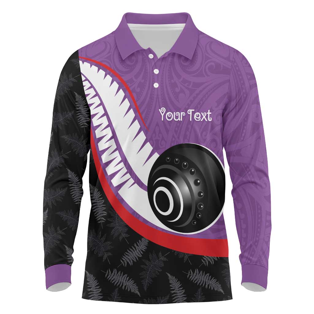 Personalised Aotearoa Lawn Bowls Long Sleeve Polo Shirt Maori and Silver Fern Sporty Style Purple Color - Polynesian Pride