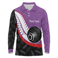 Personalised Aotearoa Lawn Bowls Long Sleeve Polo Shirt Maori and Silver Fern Sporty Style Purple Color - Polynesian Pride