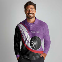 Personalised Aotearoa Lawn Bowls Long Sleeve Polo Shirt Maori and Silver Fern Sporty Style Purple Color - Polynesian Pride