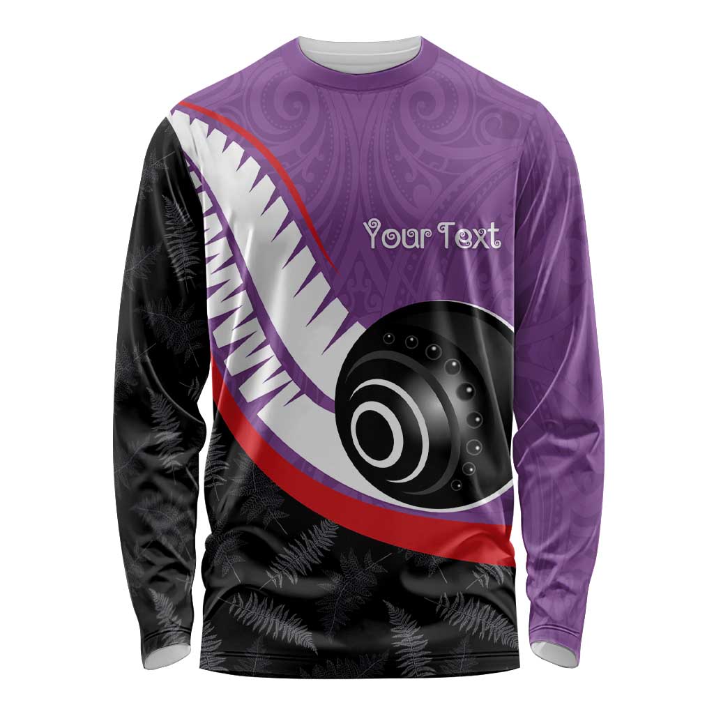 Personalised Aotearoa Lawn Bowls Long Sleeve Shirt Maori and Silver Fern Sporty Style Purple Color - Polynesian Pride
