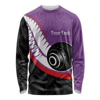 Personalised Aotearoa Lawn Bowls Long Sleeve Shirt Maori and Silver Fern Sporty Style Purple Color - Polynesian Pride