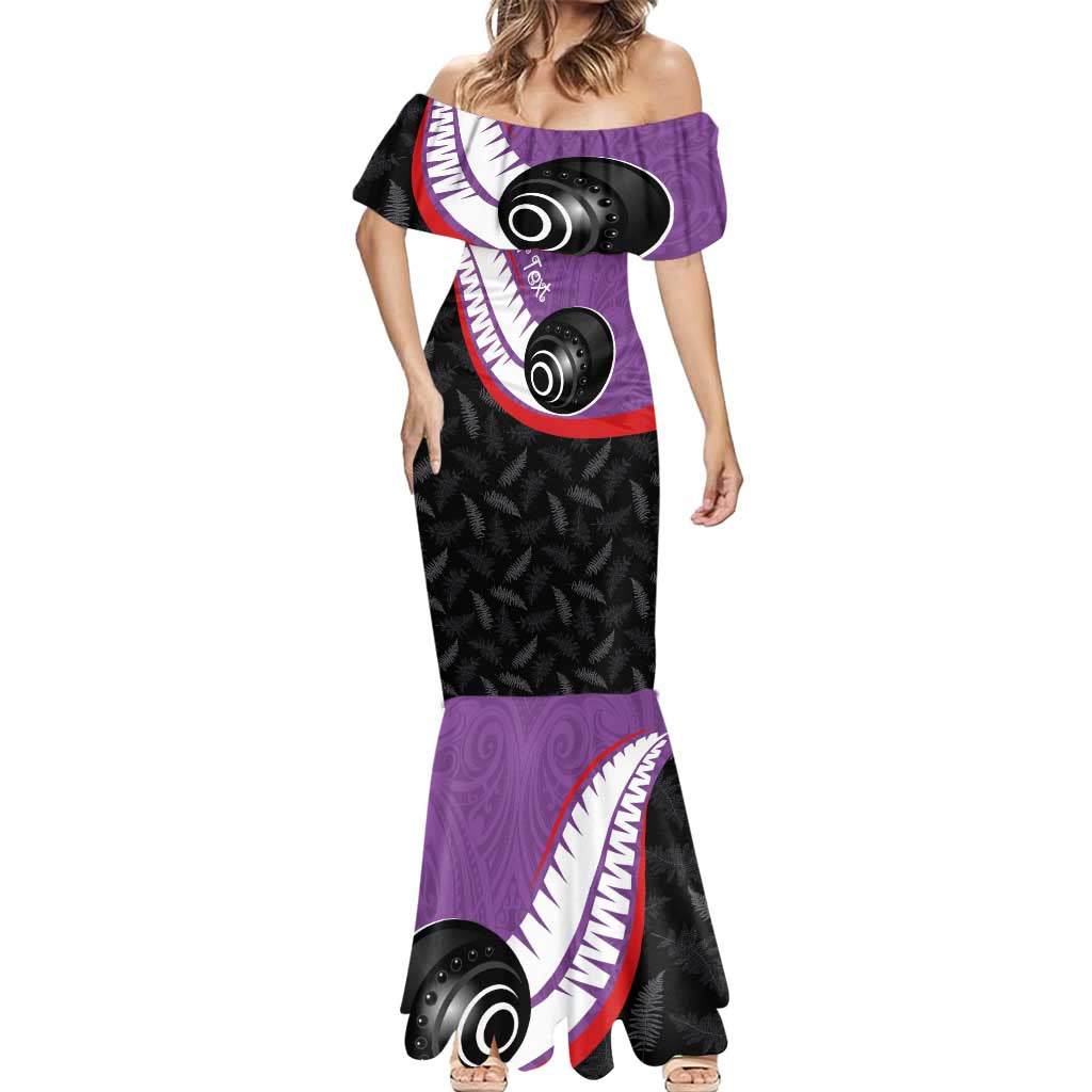 Personalised Aotearoa Lawn Bowls Mermaid Dress Maori and Silver Fern Sporty Style Purple Color - Polynesian Pride
