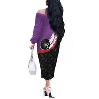 Personalised Aotearoa Lawn Bowls Off The Shoulder Long Sleeve Dress Maori and Silver Fern Sporty Style Purple Color - Polynesian Pride