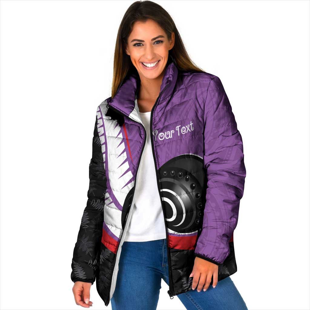 Personalised Aotearoa Lawn Bowls Padded Jacket Maori and Silver Fern Sporty Style Purple Color - Polynesian Pride