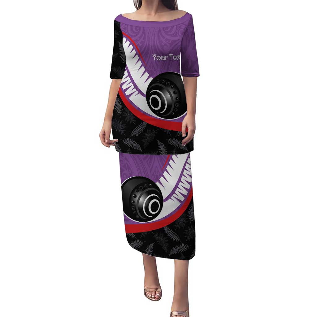 Personalised Aotearoa Lawn Bowls Puletasi Maori and Silver Fern Sporty Style Purple Color - Polynesian Pride