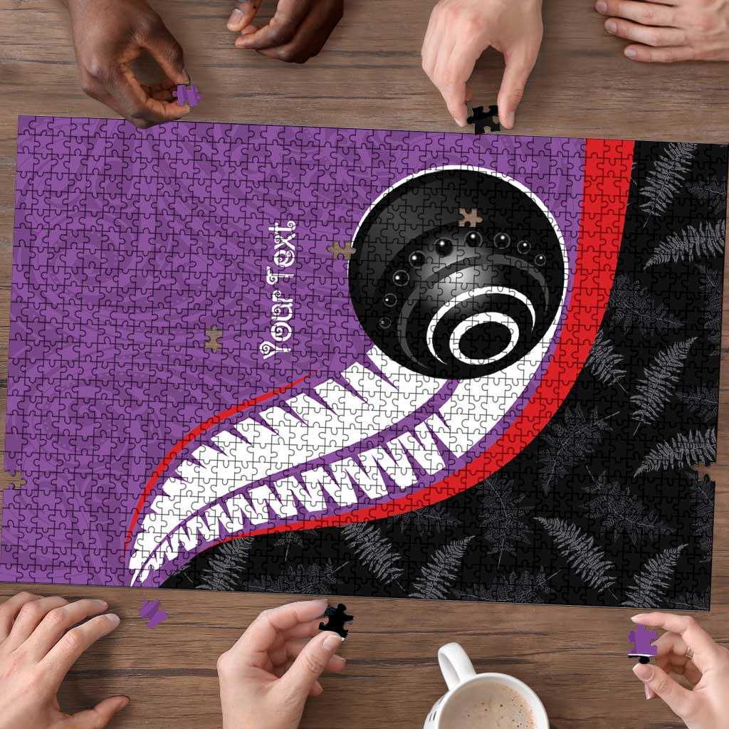 Personalised Aotearoa Lawn Bowls Puzzle Maori and Silver Fern Sporty Style Purple Color - Polynesian Pride