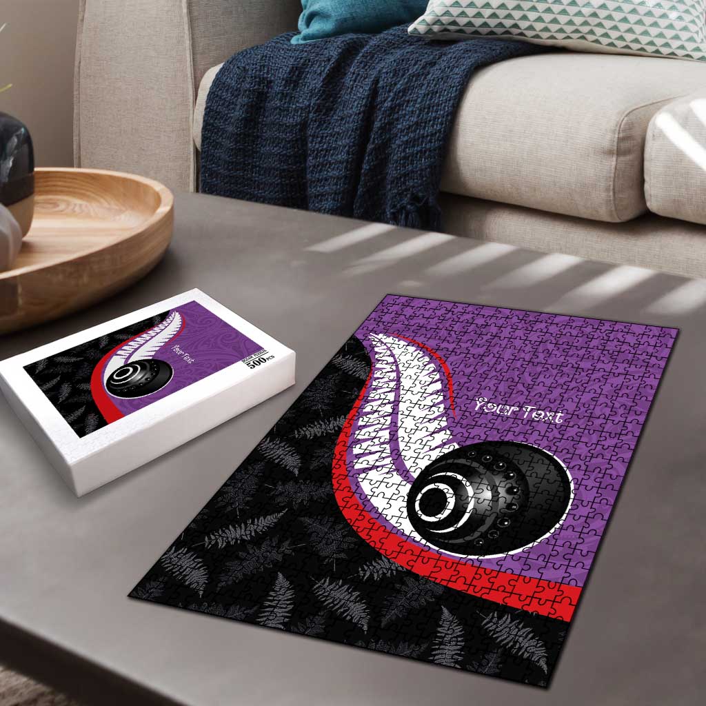 Personalised Aotearoa Lawn Bowls Puzzle Maori and Silver Fern Sporty Style Purple Color - Polynesian Pride