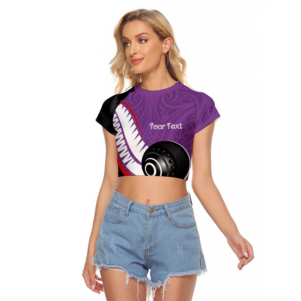 Personalised Aotearoa Lawn Bowls Raglan Cropped T Shirt Maori and Silver Fern Sporty Style Purple Color - Polynesian Pride