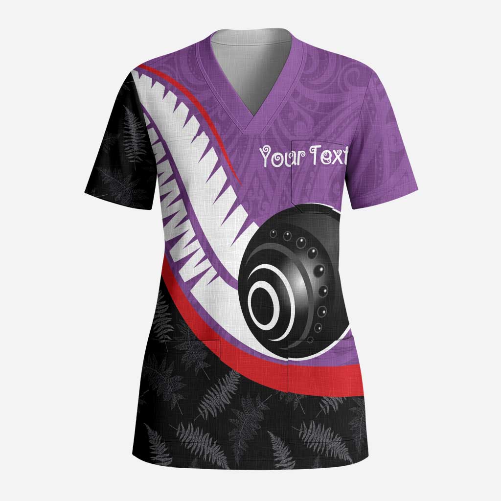 Personalised Aotearoa Lawn Bowls Scrub Top Maori and Silver Fern Sporty Style Purple Color - Polynesian Pride