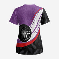 Personalised Aotearoa Lawn Bowls Scrub Top Maori and Silver Fern Sporty Style Purple Color - Polynesian Pride