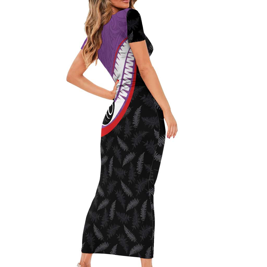 Personalised Aotearoa Lawn Bowls Short Sleeve Bodycon Dress Maori and Silver Fern Sporty Style Purple Color - Polynesian Pride