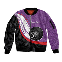 Personalised Aotearoa Lawn Bowls Sleeve Zip Bomber Jacket Maori and Silver Fern Sporty Style Purple Color - Polynesian Pride