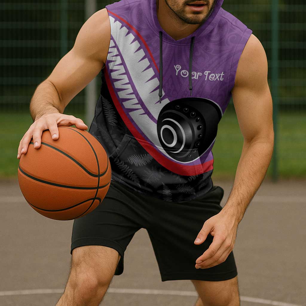 Personalised Aotearoa Lawn Bowls Sleeveless Hoodie Maori and Silver Fern Sporty Style Purple Color - Polynesian Pride