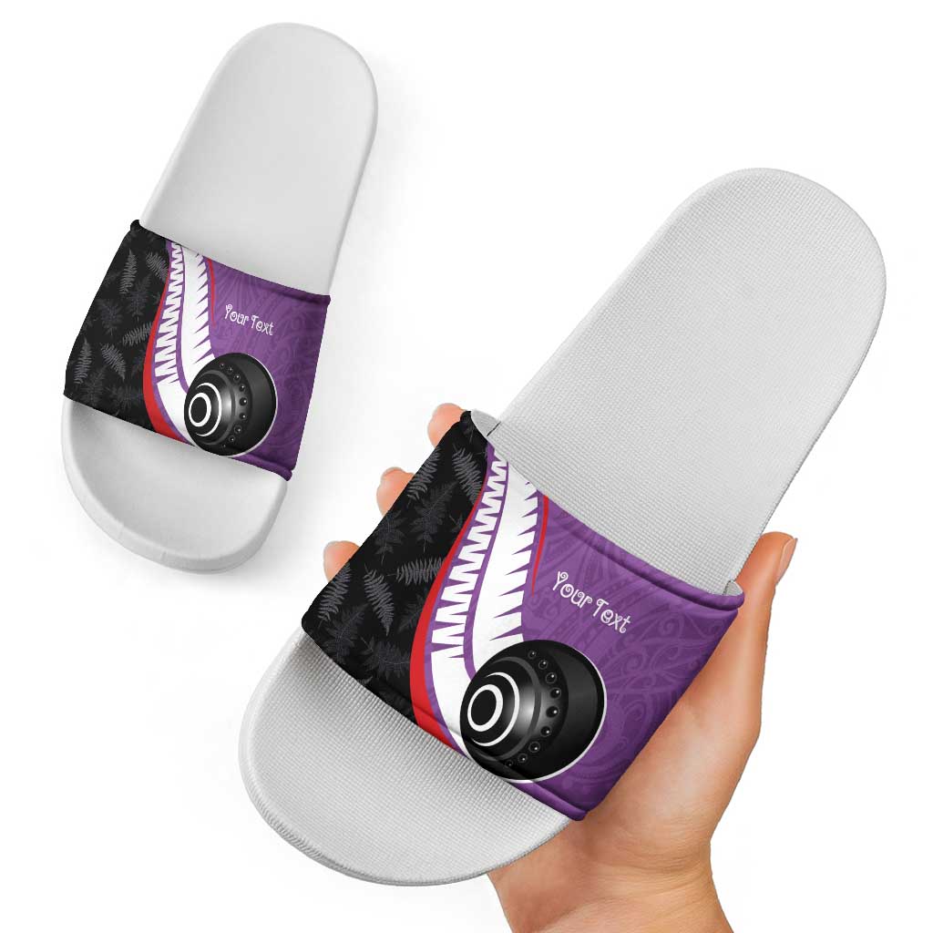 Personalised Aotearoa Lawn Bowls Slide Sandals Maori and Silver Fern Sporty Style Purple Color - Polynesian Pride