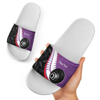 Personalised Aotearoa Lawn Bowls Slide Sandals Maori and Silver Fern Sporty Style Purple Color - Polynesian Pride