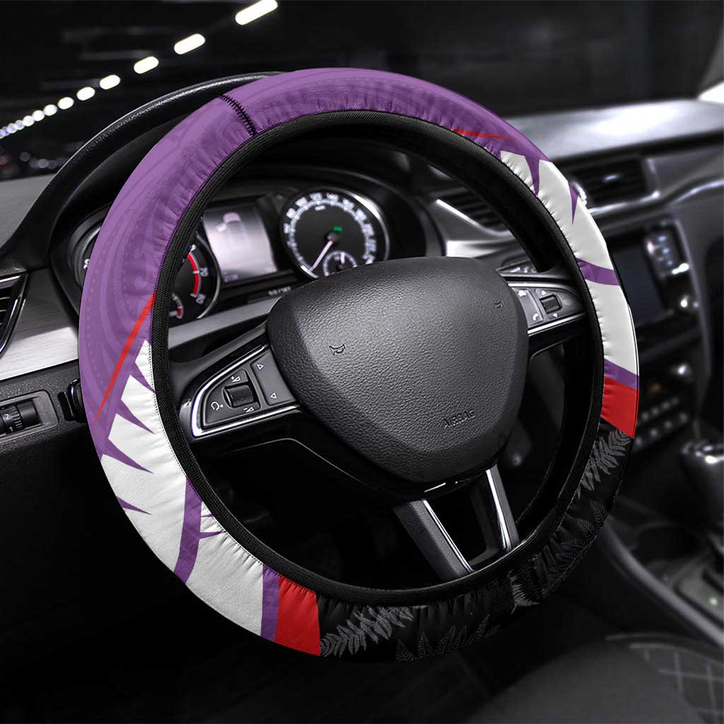 Aotearoa Lawn Bowls Steering Wheel Cover Maori and Silver Fern Sporty Style Purple Color - Polynesian Pride