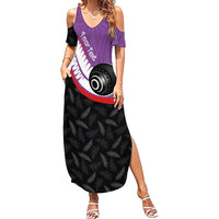 Personalised Aotearoa Lawn Bowls Summer Maxi Dress Maori and Silver Fern Sporty Style Purple Color - Polynesian Pride