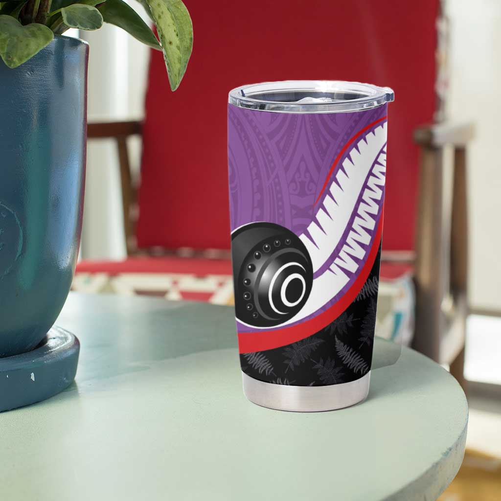 Personalised Aotearoa Lawn Bowls Tumbler Cup Maori and Silver Fern Sporty Style Purple Color - Polynesian Pride