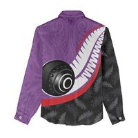 Personalised Aotearoa Lawn Bowls Women Casual Shirt Maori and Silver Fern Sporty Style Purple Color - Polynesian Pride