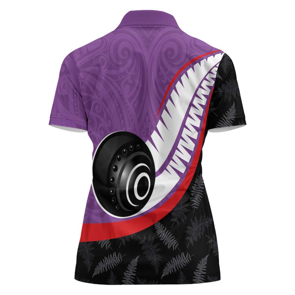 Personalised Aotearoa Lawn Bowls Women Polo Shirt Maori and Silver Fern Sporty Style Purple Color - Polynesian Pride
