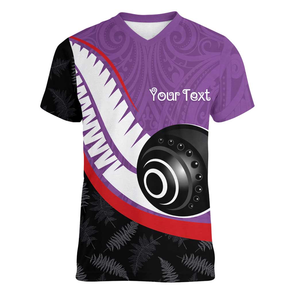 Personalised Aotearoa Lawn Bowls Women V-Neck T-Shirt Maori and Silver Fern Sporty Style Purple Color - Polynesian Pride