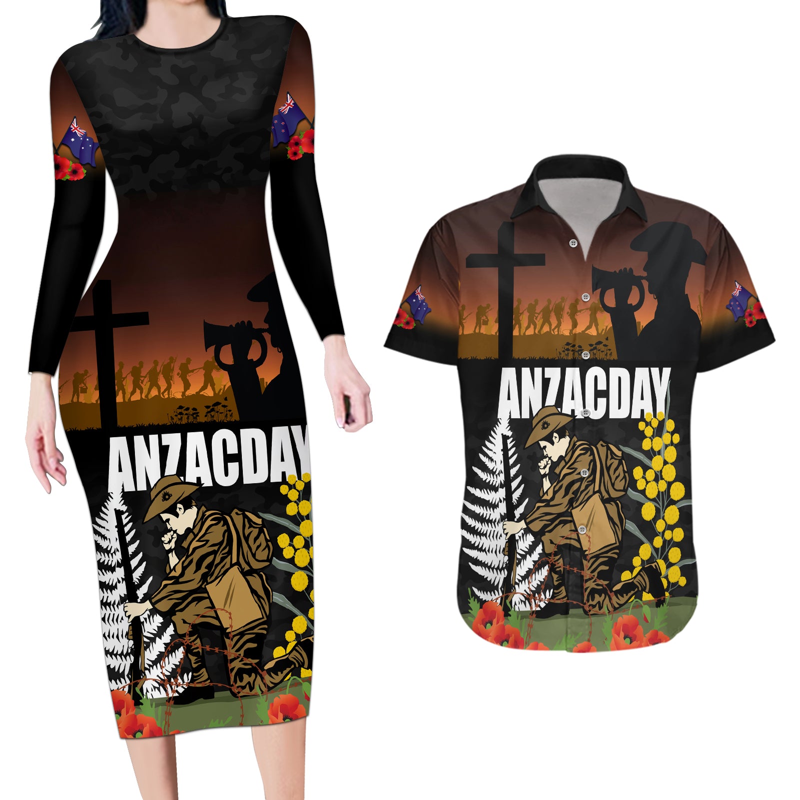 New Zealand and Australia ANZAC Day Couples Matching Long Sleeve Bodycon Dress and Hawaiian Shirt Soldier and Last Post Camouflage Pattern LT03 Black - Polynesian Pride