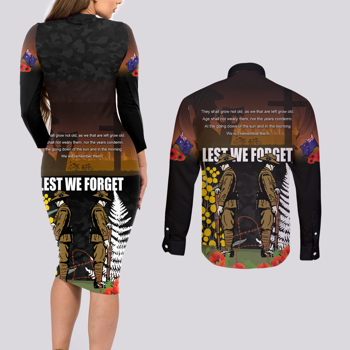 New Zealand and Australia ANZAC Day Couples Matching Long Sleeve Bodycon Dress and Long Sleeve Button Shirt Soldier and Last Post Camouflage Pattern LT03 - Polynesian Pride