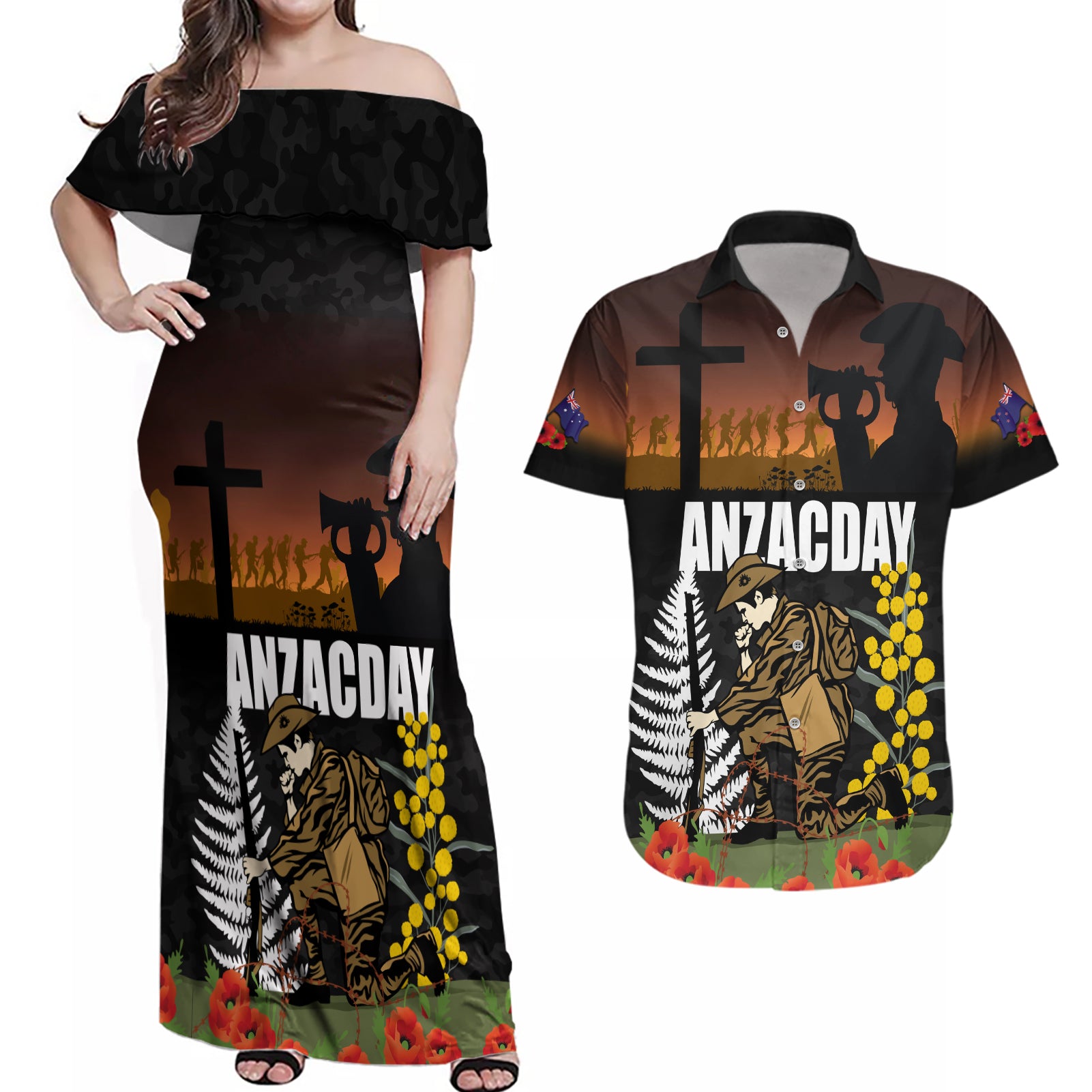 New Zealand and Australia ANZAC Day Couples Matching Off Shoulder Maxi Dress and Hawaiian Shirt Soldier and Last Post Camouflage Pattern LT03 Black - Polynesian Pride