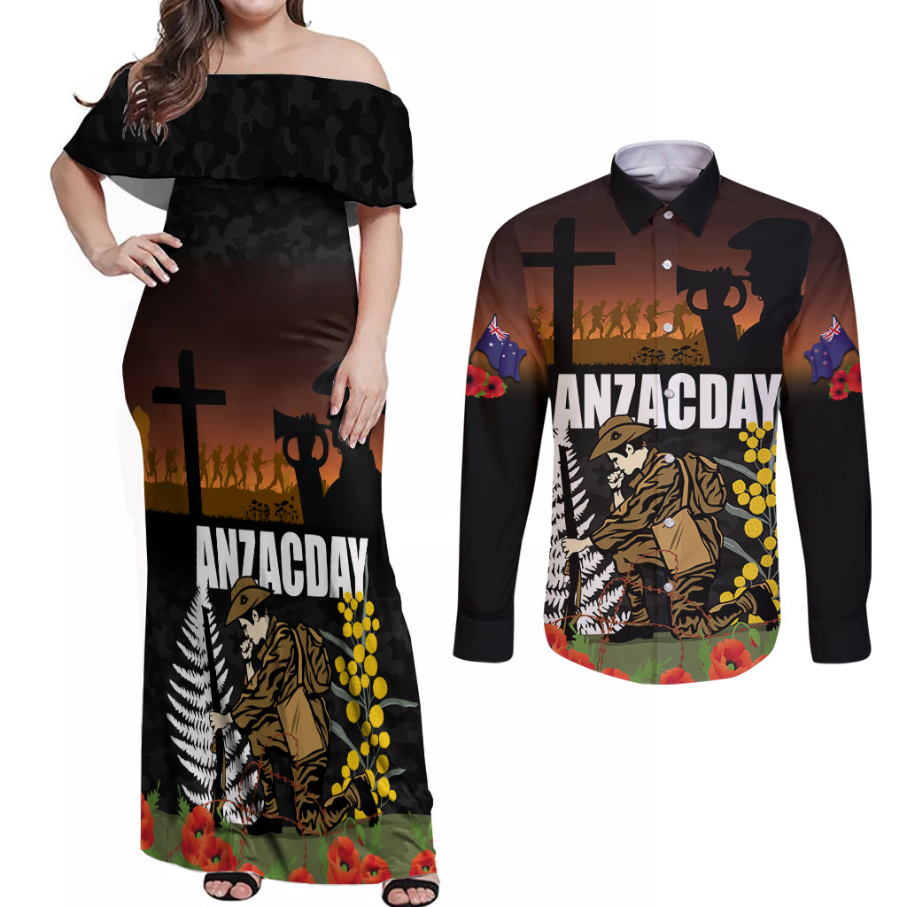 New Zealand and Australia ANZAC Day Couples Matching Off Shoulder Maxi Dress and Long Sleeve Button Shirt Soldier and Last Post Camouflage Pattern LT03 Black - Polynesian Pride