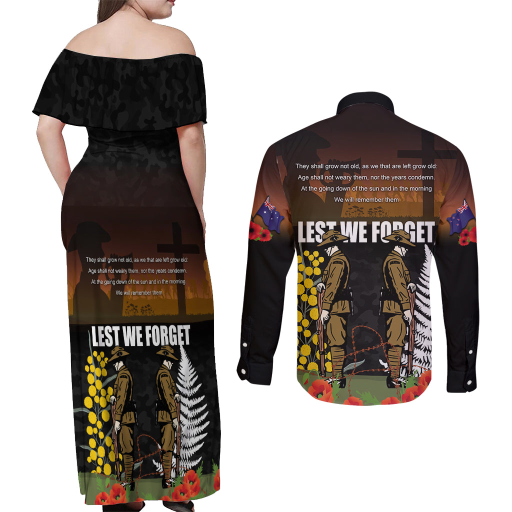 New Zealand and Australia ANZAC Day Couples Matching Off Shoulder Maxi Dress and Long Sleeve Button Shirt Soldier and Last Post Camouflage Pattern LT03 - Polynesian Pride